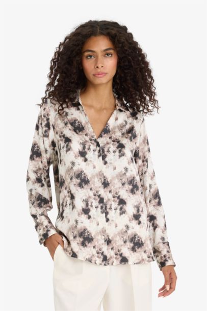 Oversize Fit Shirt Collar Satin Printed Long Sleeve Shirt