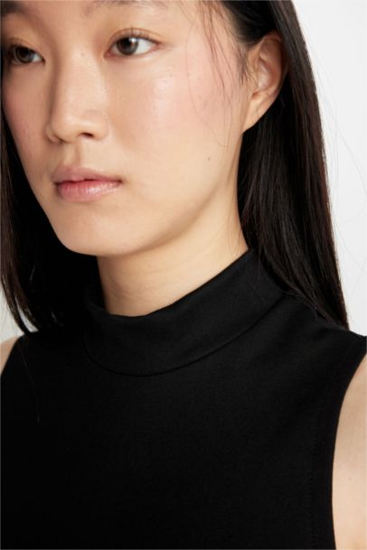 فستان ميدي اسود بوديكون بياخة عالية بدون ردن