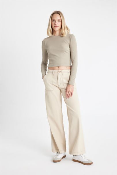 Fitted Crew Neck Corduroy Basic Long Sleeve T-Shirt