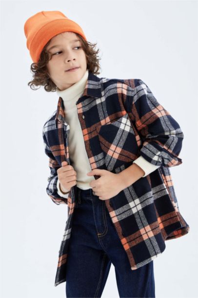 Boy Oversize Fit Polo Neck Flannel Long Sleeve Shirt