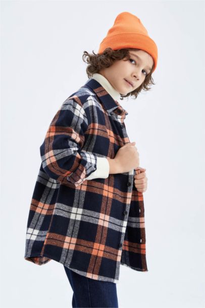 Boy Oversize Fit Polo Neck Flannel Long Sleeve Shirt