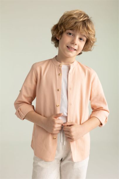 Boy Stand Collar Poplin Long Sleeve Shirt