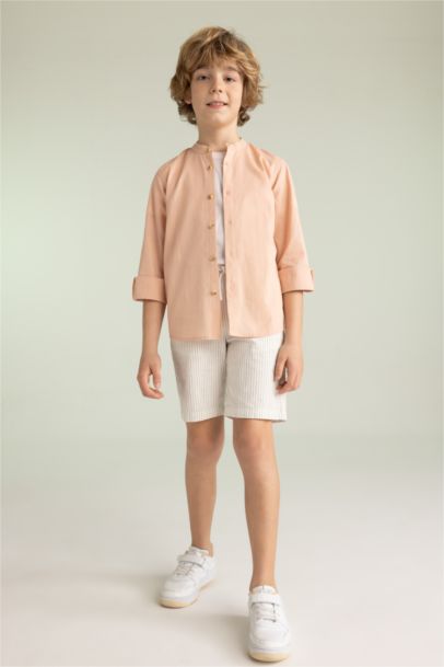 Boy Stand Collar Poplin Long Sleeve Shirt