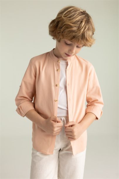 Boy Stand Collar Poplin Long Sleeve Shirt