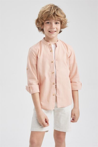 Boy Stand Collar Poplin Long Sleeve Shirt