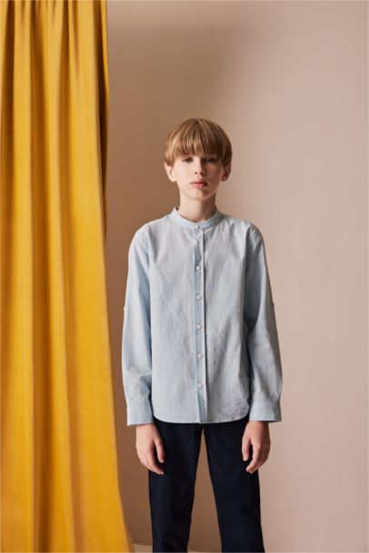 Boy Stand Collar Linen Look Long Sleeve Shirt