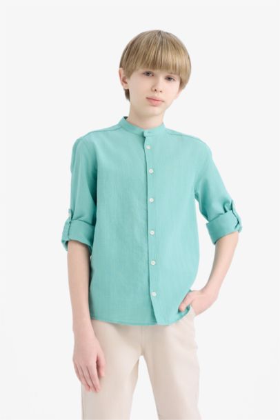 Boy Regular Fit Stand-up Collar Linen Look Shirt