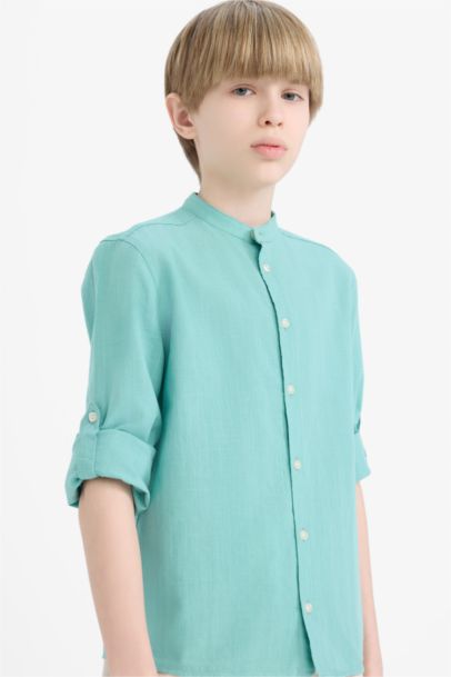 Boy Regular Fit Stand-up Collar Linen Look Shirt