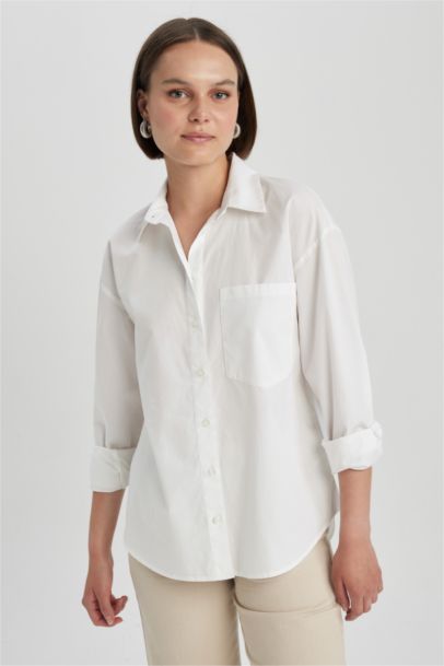 Oversize Fit Shirt Collar Poplin Long Sleeve Shirt