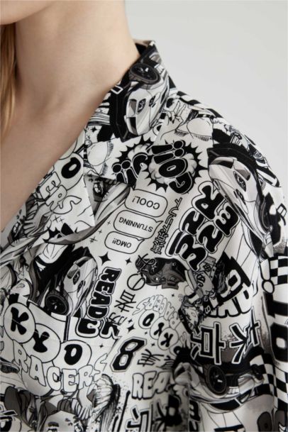 Patterned Pajama Collar Short Sleeve Shirt