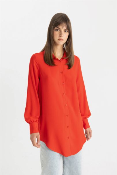 Regular Fit Shirt Collar Basic Long Sleeve Tunic