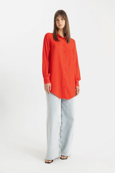 Regular Fit Shirt Collar Basic Long Sleeve Tunic