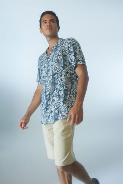 Regular Fit Apache Neck Viscose Printed Short Sleeve Shirt