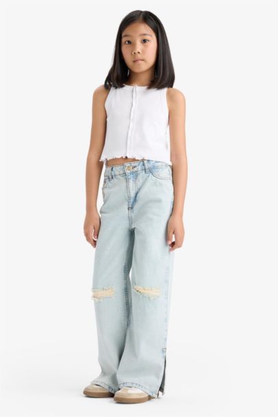 Wide Leg Yırtık Detaylı Geniş Paça Jean Pantolon Kız Çocuk