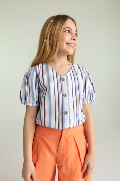 Girl V-Neck Patterned Cotton Short Sleeve Shirt