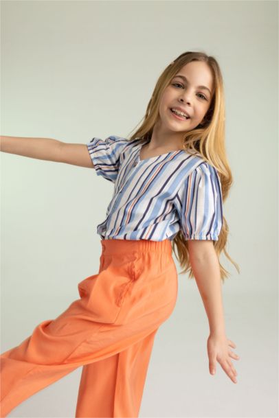 Girl V-Neck Patterned Cotton Short Sleeve Shirt