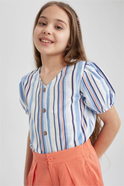 Girl V-Neck Patterned Cotton Short Sleeve Shirt
