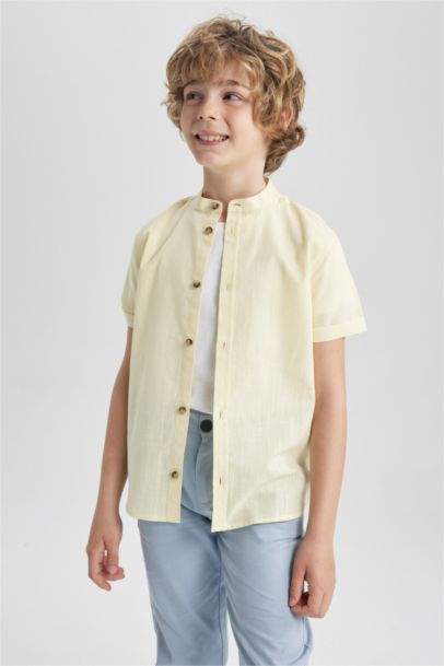 Boy Straight Collar Linen Look Short Sleeve Shirt