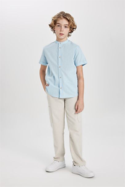 Boy Regular Fit Stand Collar Linen Look Shirt