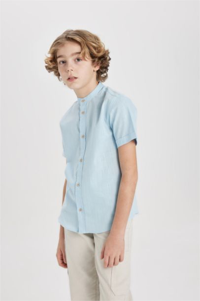 Boy Regular Fit Stand Collar Linen Look Shirt