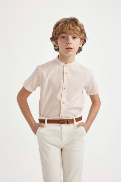 Boy Regular Fit Stand Collar Linen Look Shirt