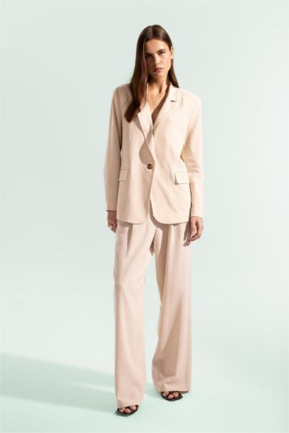 Keten Karışımlı Palazzo Pantolon Wide Leg Çift Cepli Yüksek Bel Geniş Bol Paça