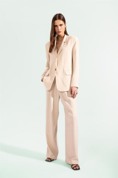 Keten Karışımlı Palazzo Pantolon Wide Leg Çift Cepli Yüksek Bel Geniş Bol Paça