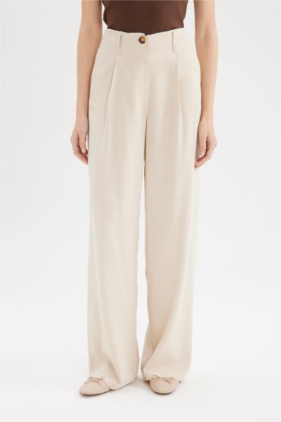 Keten Karışımlı Palazzo Pantolon Wide Leg Çift Cepli Yüksek Bel Geniş Bol Paça