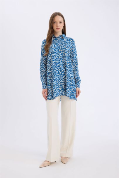 Regular Fit Shirt Collar Animal Long Sleeve Tunic