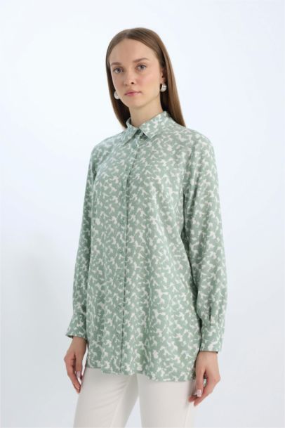 Regular Fit Shirt Collar Animal Long Sleeve Tunic