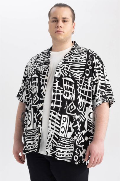 Relax Fit Snap Collar Patterned Short Sleeve Shirt