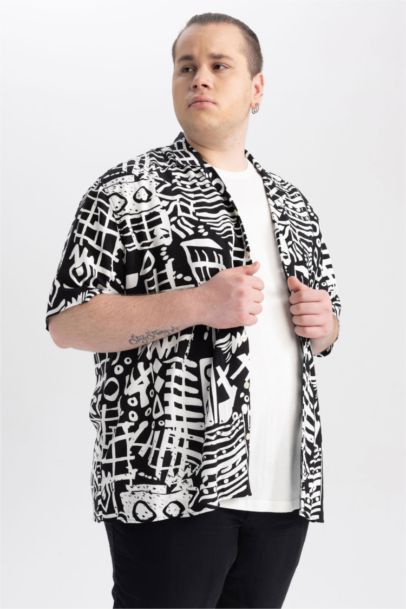Relax Fit Snap Collar Patterned Short Sleeve Shirt