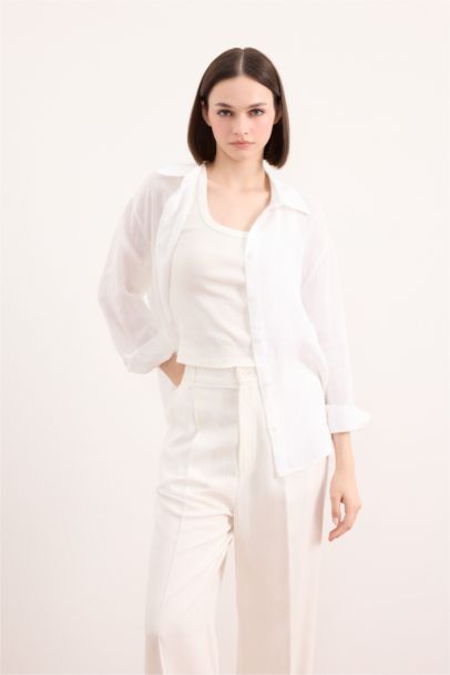 Oversize Fit Linen Long Sleeve White Shirt