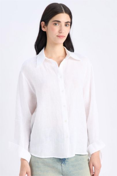 Oversize Fit Linen Long Sleeve White Shirt