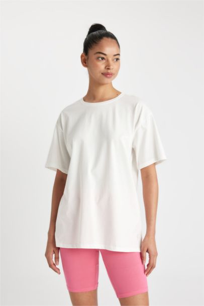 Oversize Bisiklet Yaka Baskılı Sporcu Basic Düz Kısa Kollu Tişört