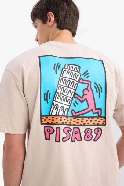 تيشيرت قطن قصة مريحة مطبوع برقبة مستديرة من كيث هارينغ