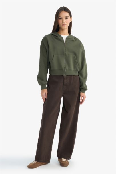 Cropped Fit Hooded Thick Zippered Sweatshirt