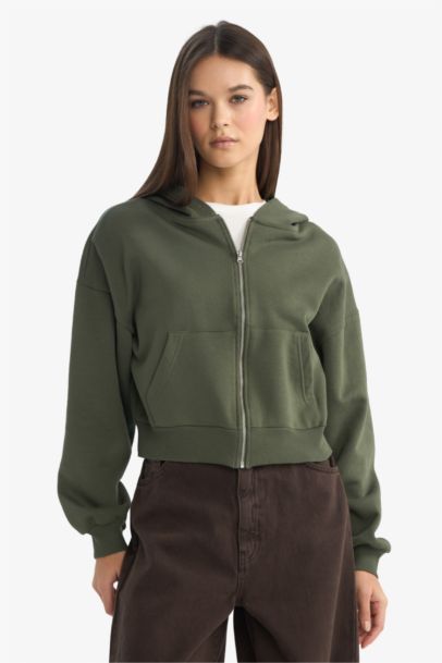 Cropped Fit Hooded Thick Zippered Sweatshirt