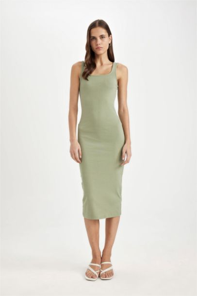 Bodycon Square Neck Ribbed Camisole Strap Midi Dress