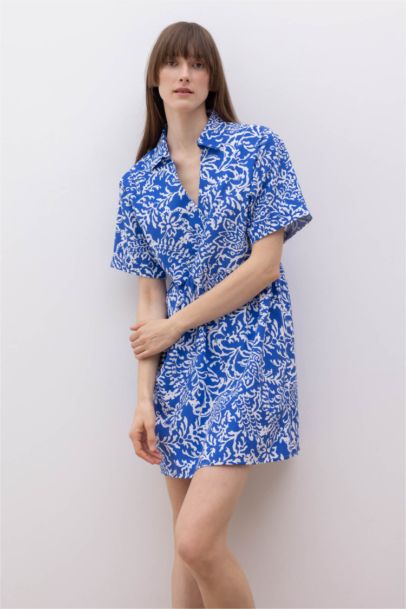 Mini Robe à manches courtes et col chemise en coton à motif