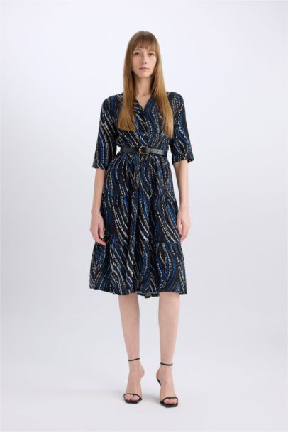 Shirt Collar Belted Patterned Half Sleeve Midi Dress