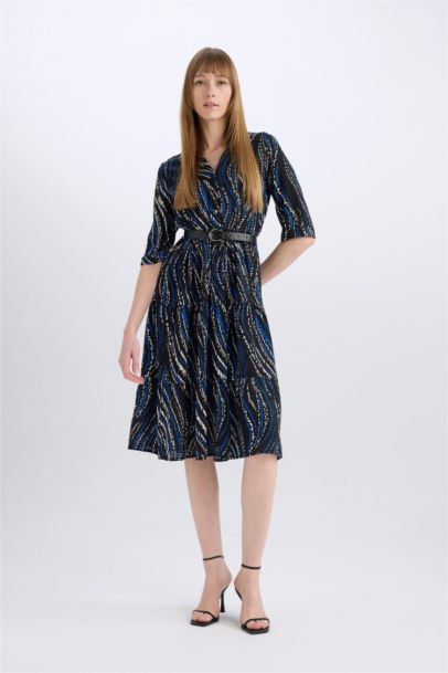 Shirt Collar Belted Patterned Half Sleeve Midi Dress