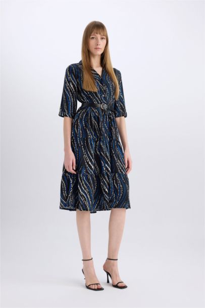 Shirt Collar Belted Patterned Half Sleeve Midi Dress