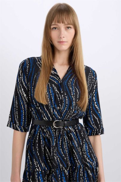 Shirt Collar Belted Patterned Half Sleeve Midi Dress