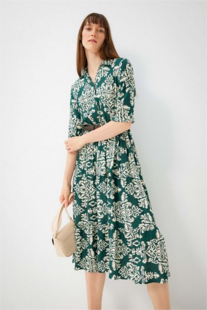 Shirt Collar Belted Patterned Half Sleeve Midi Dress