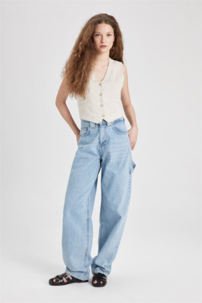 Regular Fit Keten Karışımlı Blazer Yelek