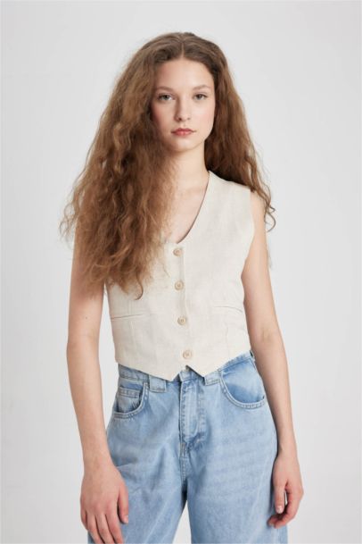 Regular Fit Keten Karışımlı Blazer Yelek