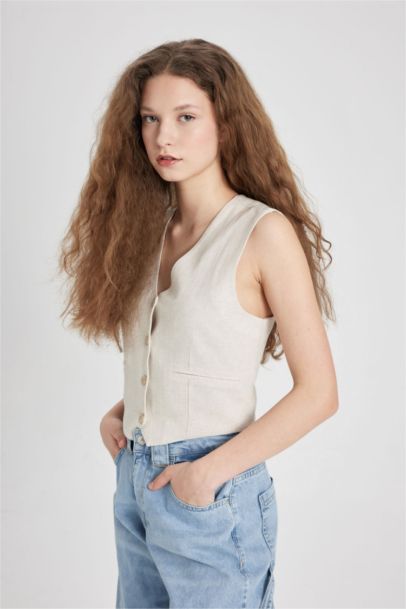 Regular Fit Keten Karışımlı Blazer Yelek