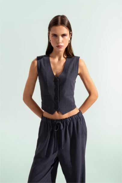 Regular Fit Linen Blend Blazer Vest