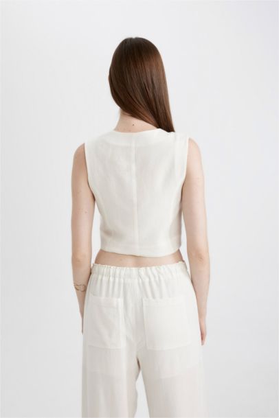 Regular Fit Linen Blend White Blazer Vest